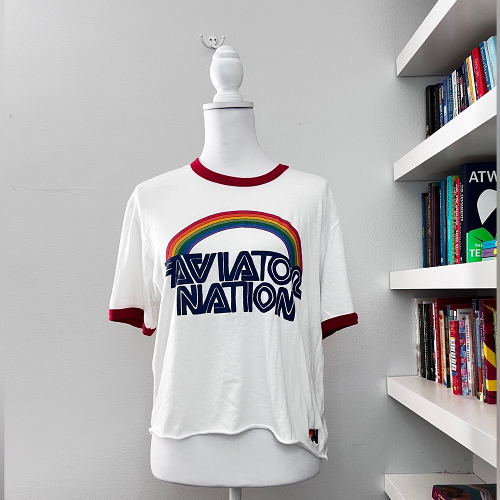 Aviator Nation 70’s Boyfriend Mountain Rainbow Tee size Large